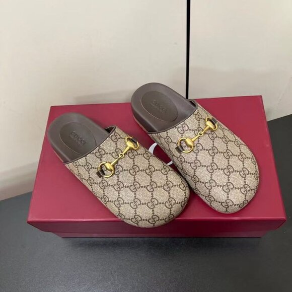 Gucci Sol GG Beige and Brown Canvas Clog with Gold Detail - Picture 1 of 8